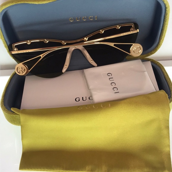 💯 - New - Gucci Grey | Gold Gg0666s Gg Logo Cat Eye Mirrored Sunglasses - Picture 9 of 14